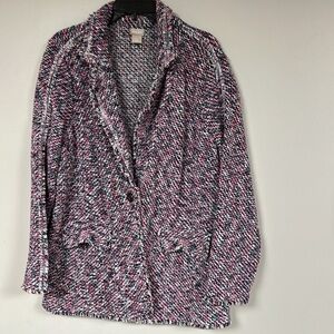 Chicos pink & blue marled nubby  mid weight cardigan sweater with fringe,  XL
